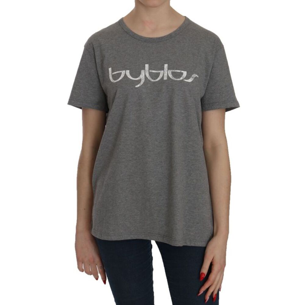 BYBLOS Cotton Grey Short Sleeve Round Neck Top T-shirt Women's Blouse